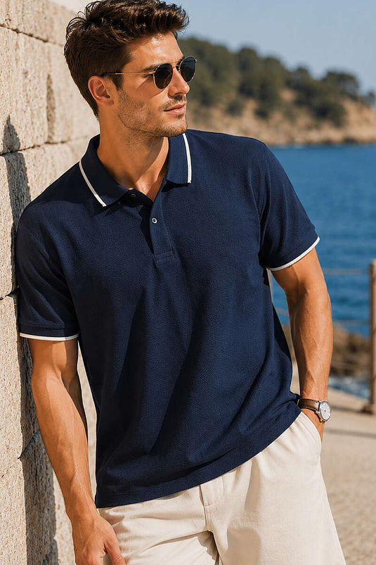 Yarım Düğmeli Polo Yaka Waffle Erkek T-shirt Lacivert