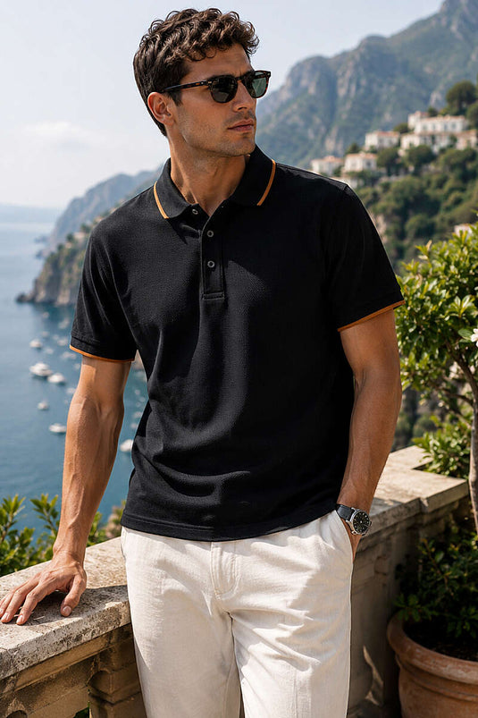 Yarım Düğmeli Polo Yaka Waffle Erkek T-shirt Siyah