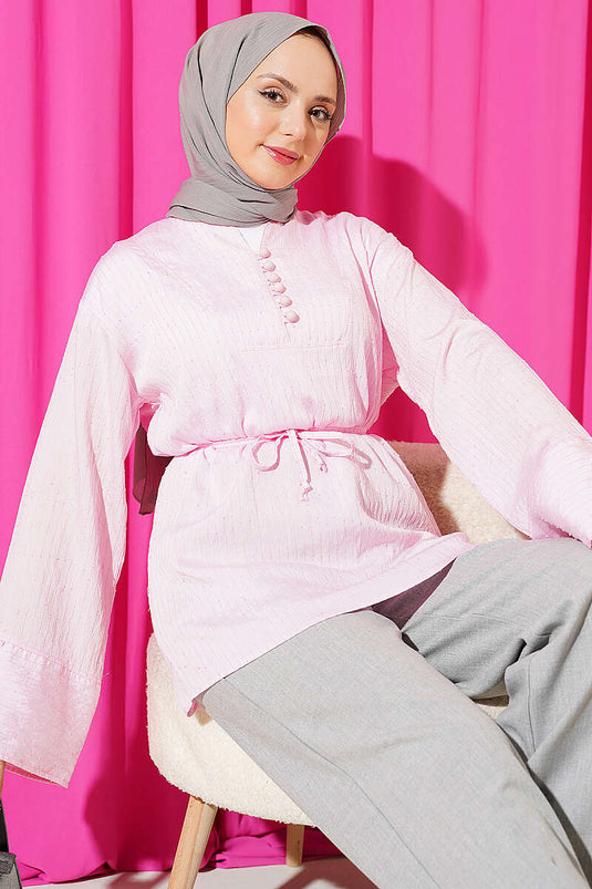 Yarım Düğmeli Pullu Çizgi Dikişli Tunik Pembe