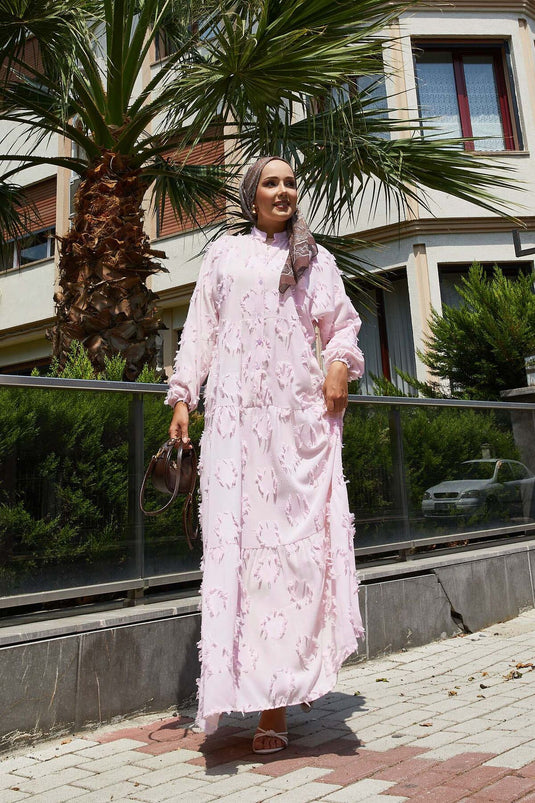 Yarım Düğmeli Püskül Detaylı Tesettür Elbise Pembe