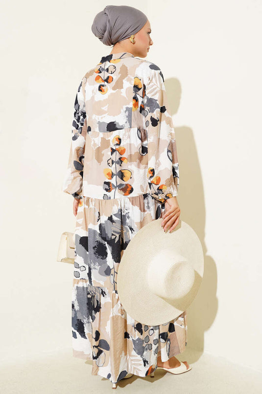 Abito con motivo a foglie colorate, abbottonato a metà, color fumo