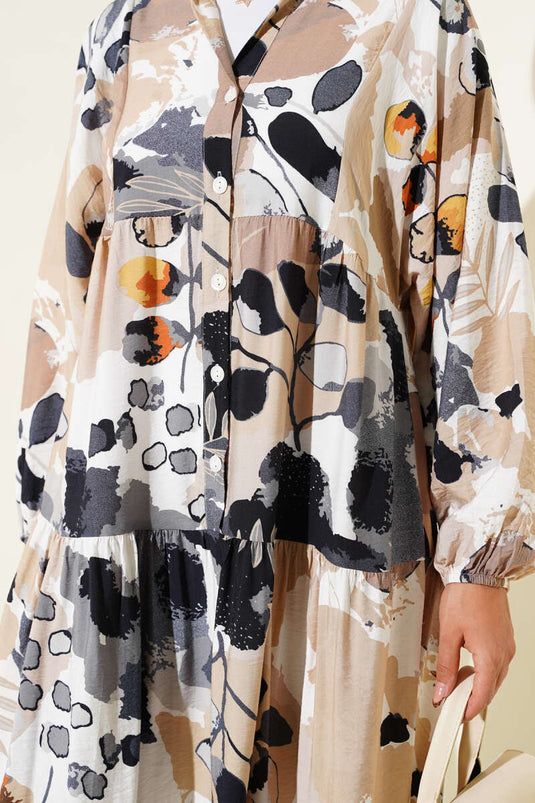 Abito con motivo a foglie colorate, abbottonato a metà, color fumo