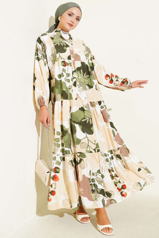 Abito con motivo a foglie colorate e bottoni a metà, color cachi