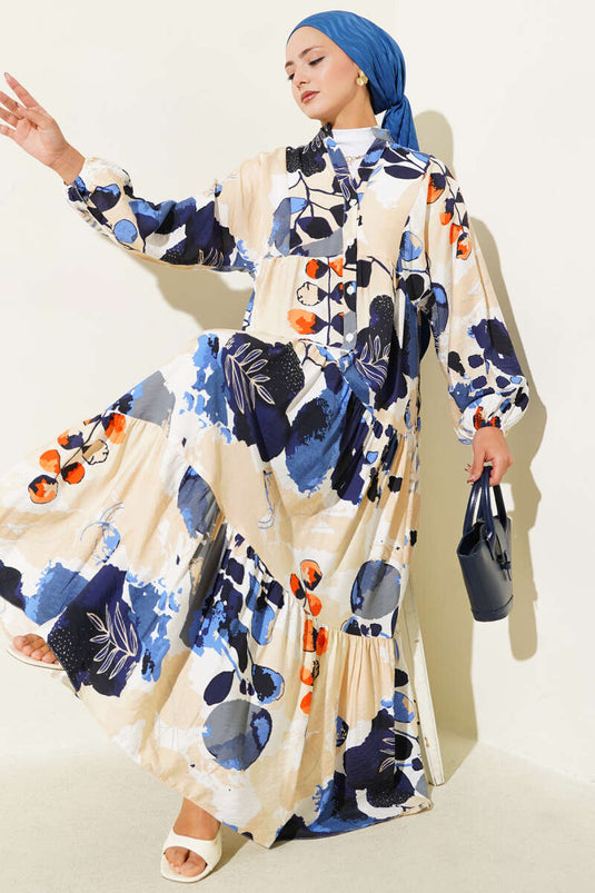 Halbgeknöpftes Kleid mit buntem Blattmuster Blau