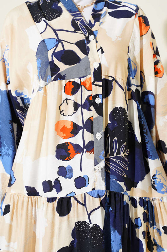 Halbgeknöpftes Kleid mit buntem Blattmuster Blau
