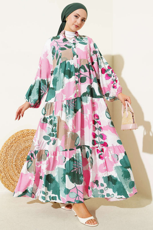 Yarım Düğmeli Renkli Yaprak Desenli Elbise Pembe