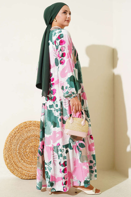 Yarım Düğmeli Renkli Yaprak Desenli Elbise Pembe