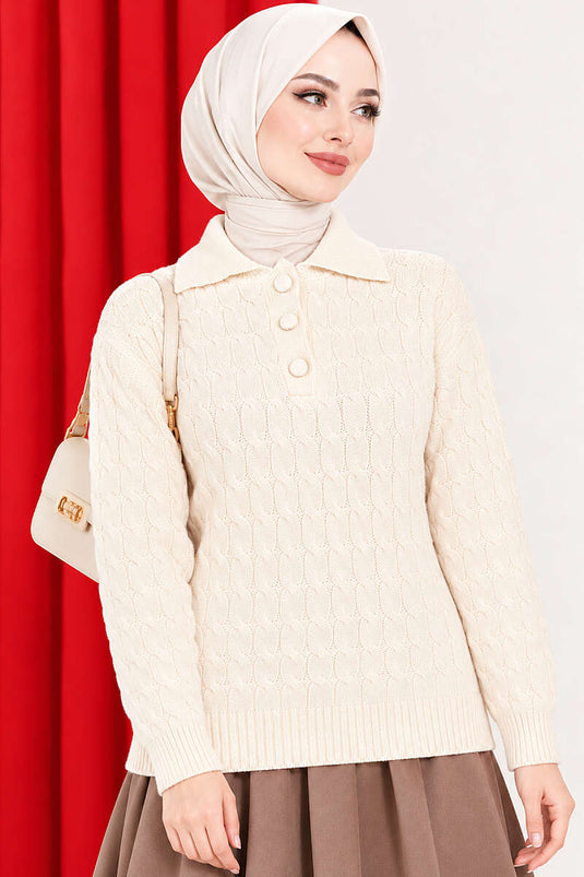Pull En Maille Côtelée Beige À Demi-Boutons