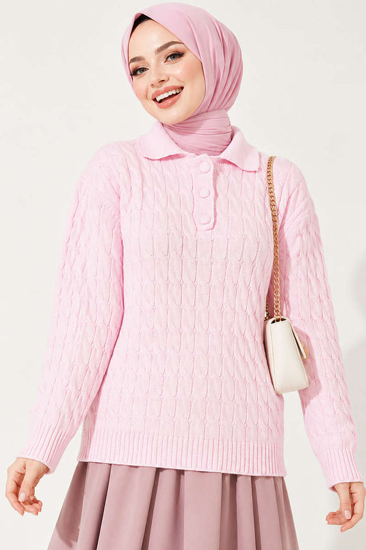 Half Buttoned Ribbed Pattern Pink Knit
