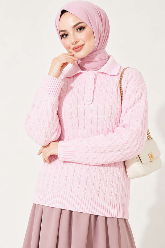 Pull Rose À Demi Boutonné Et Texturé