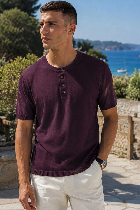 T-shirt en tricot pour homme à demi-boutons, bordeaux