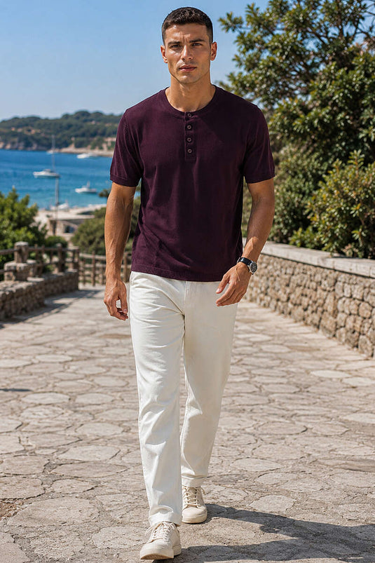 T-shirt en tricot pour homme à demi-boutons, bordeaux