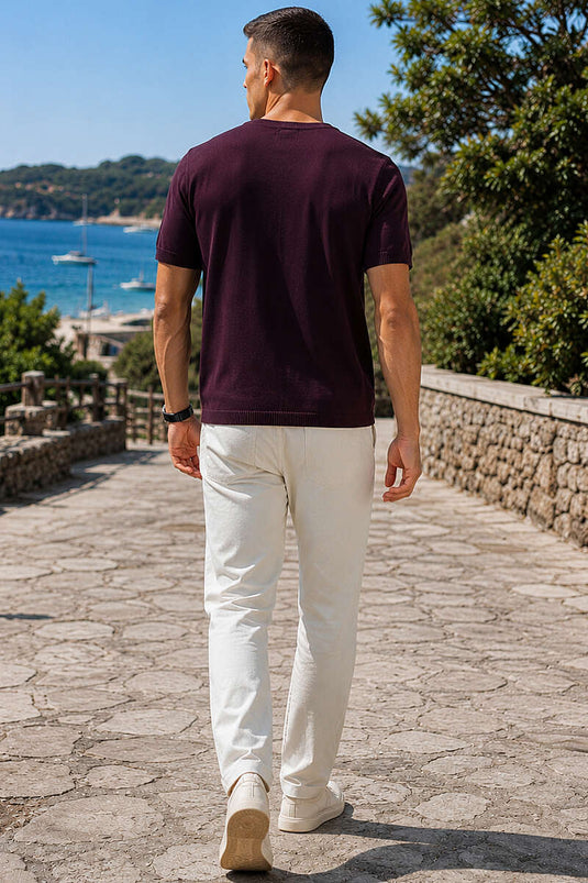 T-shirt en tricot pour homme à demi-boutons, bordeaux