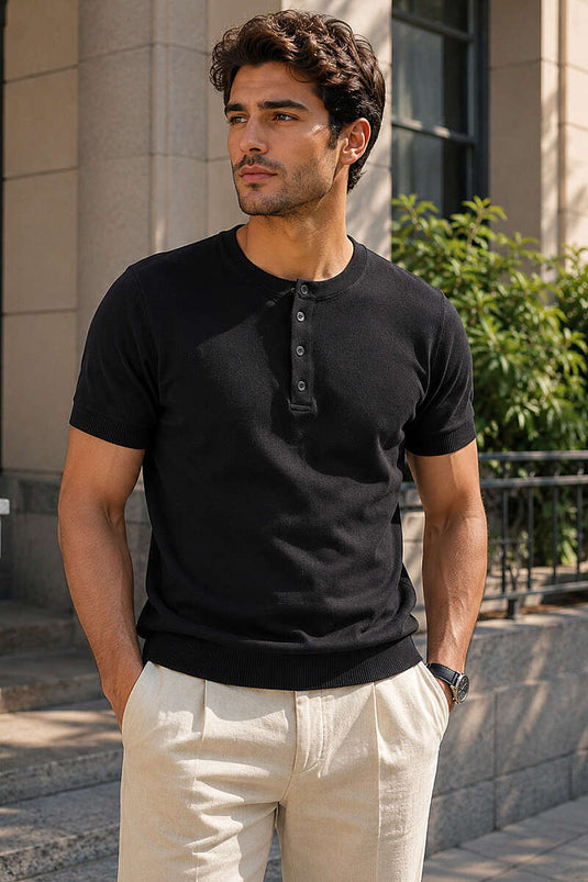 T-shirt en tricot pour homme à demi-boutons noir