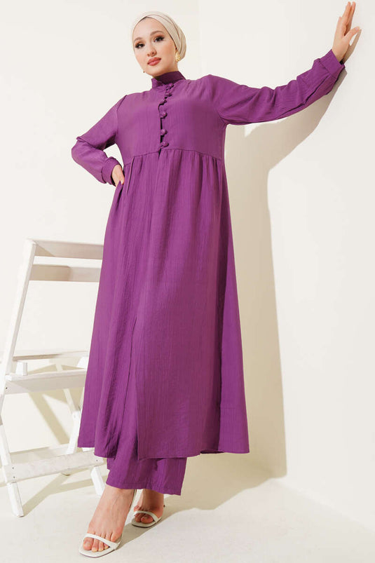 Abito lungo due pezzi con bottoni a metà viola