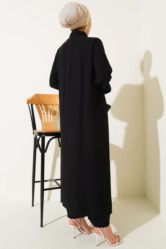 Half Buttoned Long Two Piece Suit Black