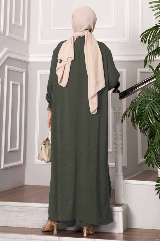 Abito lungo in hijab con bottoni a metà, due pezzi, color cachi
