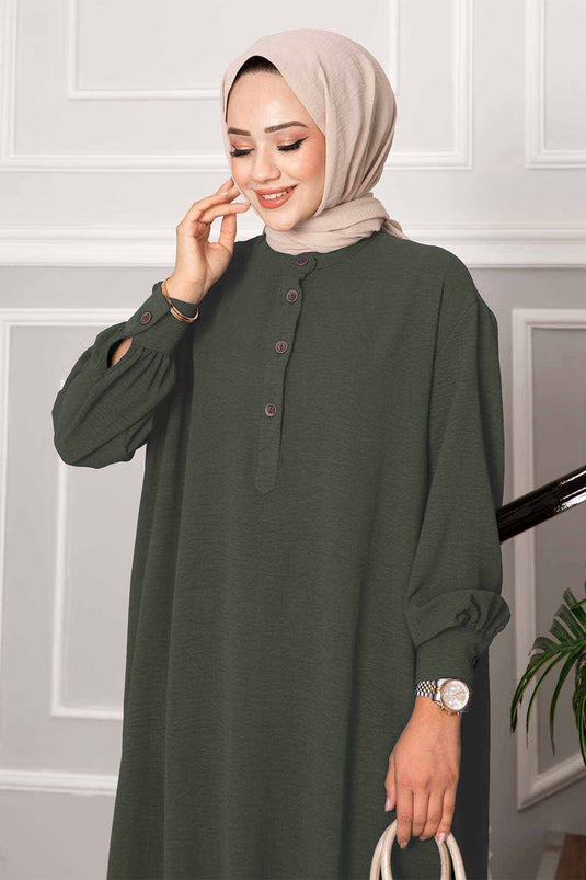 Abito lungo in hijab con bottoni a metà, due pezzi, color cachi