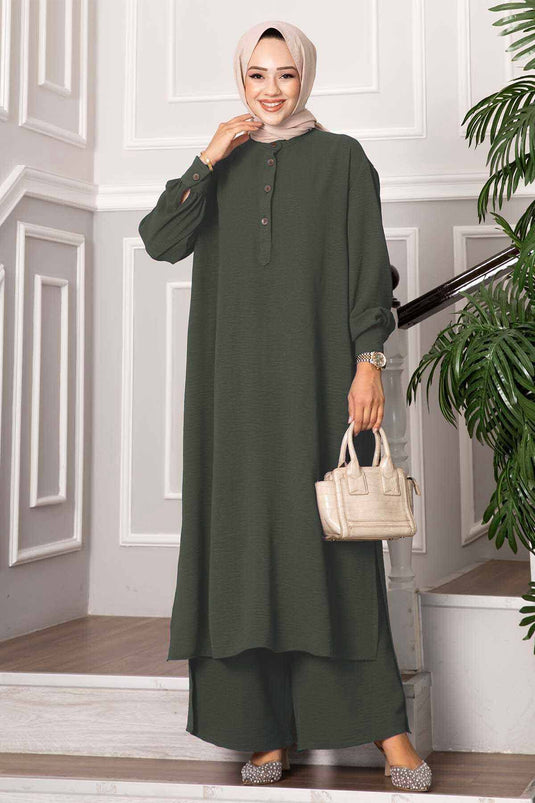 Abito lungo in hijab con bottoni a metà, due pezzi, color cachi