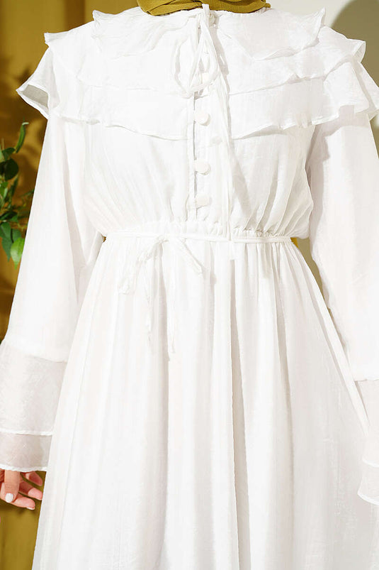 White Half-Button Ruffled Dress