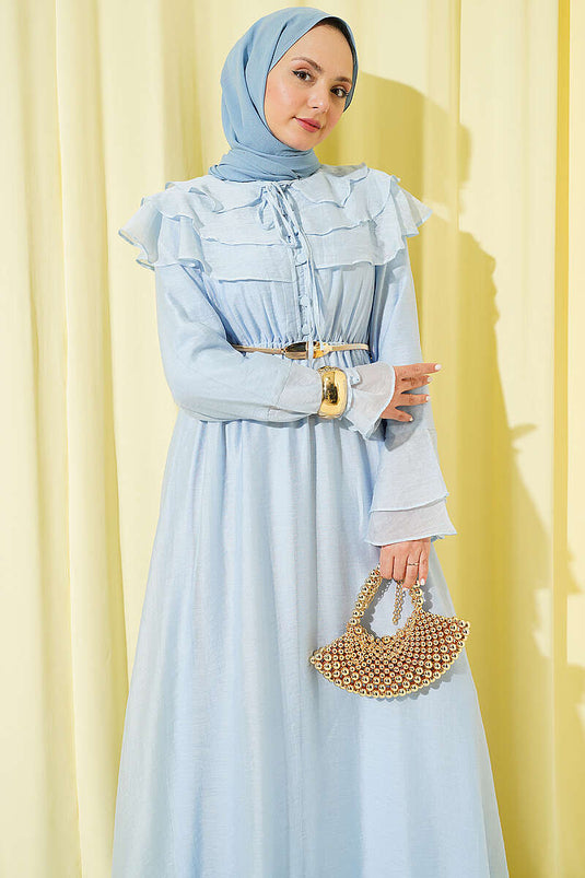Robe à volants avec demi-boutons bleue
