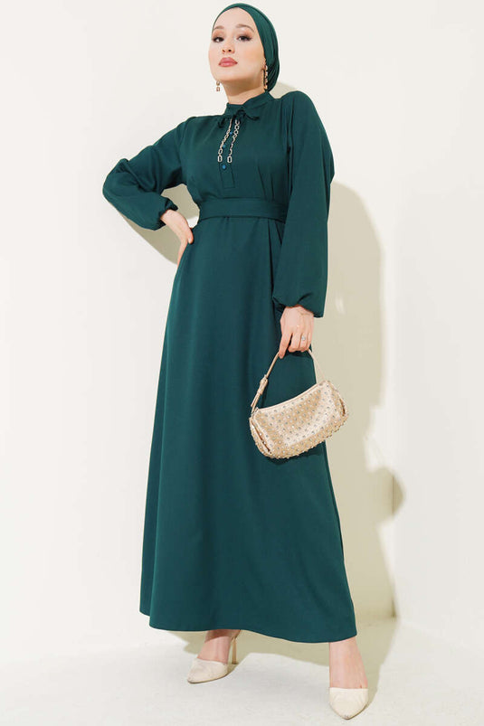 Robe à cordon avec col à demi-boutons, couleur émeraude