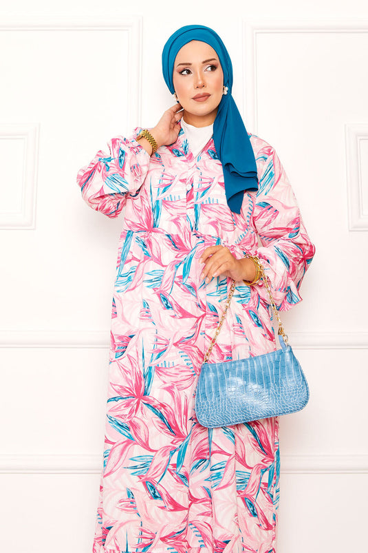 Abito in modal con motivo a foglie, abbottonato a metà, fucsia