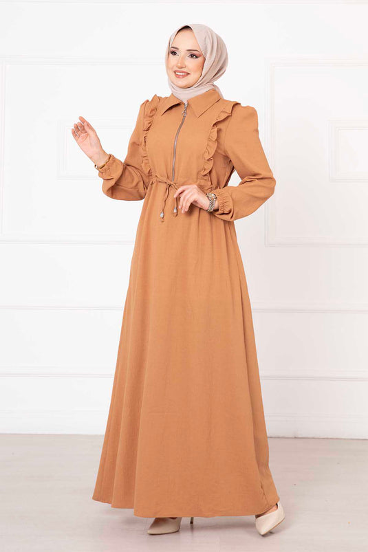 Robe hijab à volants et demi-fermeture éclair Camel