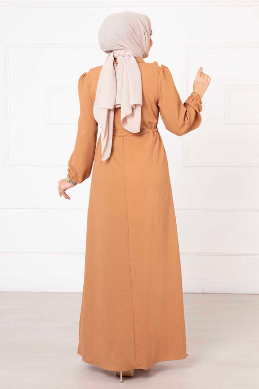 Robe hijab à volants et demi-fermeture éclair Camel