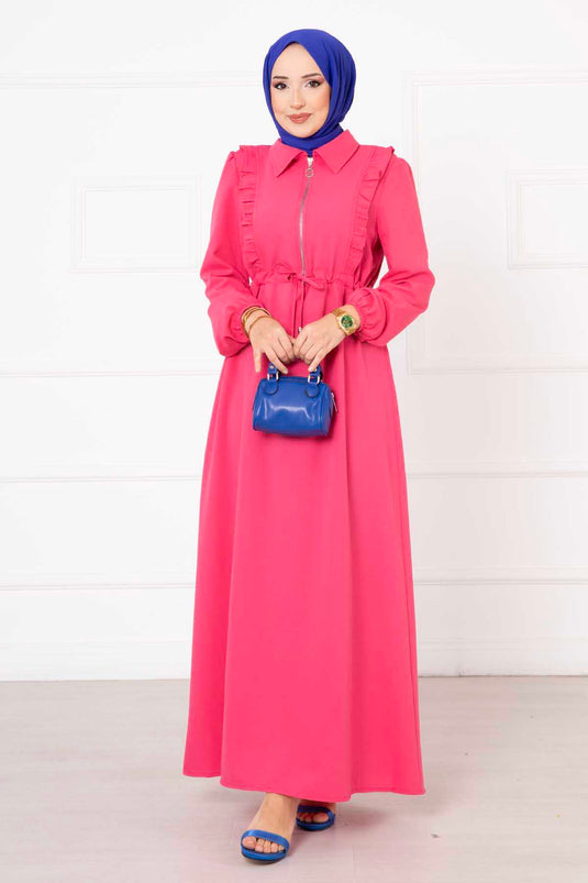 Robe modeste à volants et demi-fermeture éclair Fuchsia