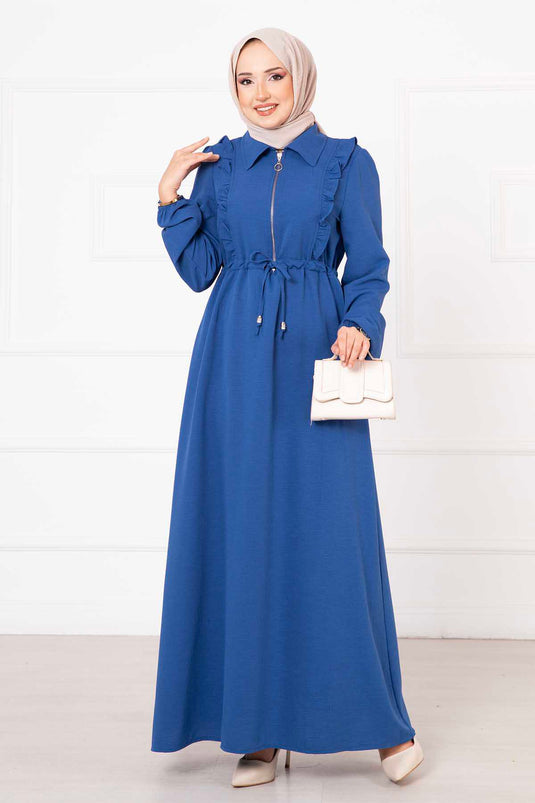 Half Zipper Ruffle Detailed Modest Dress Indigo