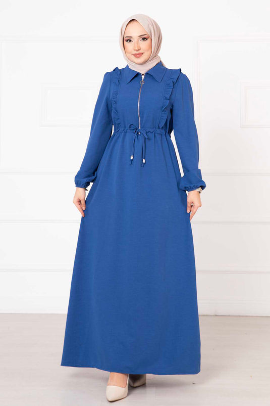 Half Zipper Ruffle Detailed Modest Dress Indigo