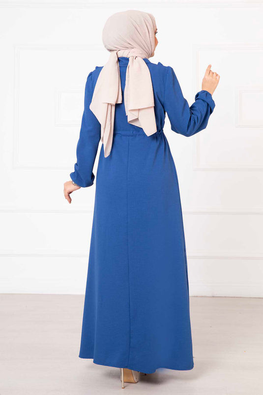 Half Zipper Ruffle Detailed Modest Dress Indigo