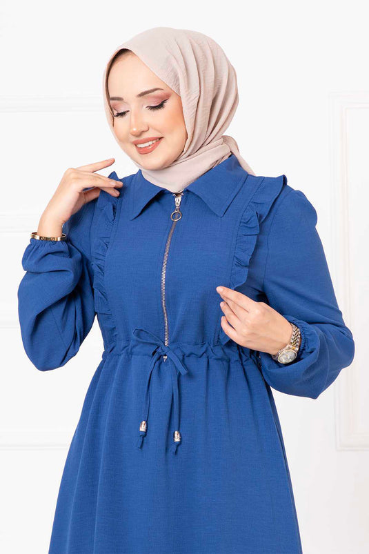 Half Zipper Ruffle Detailed Modest Dress Indigo