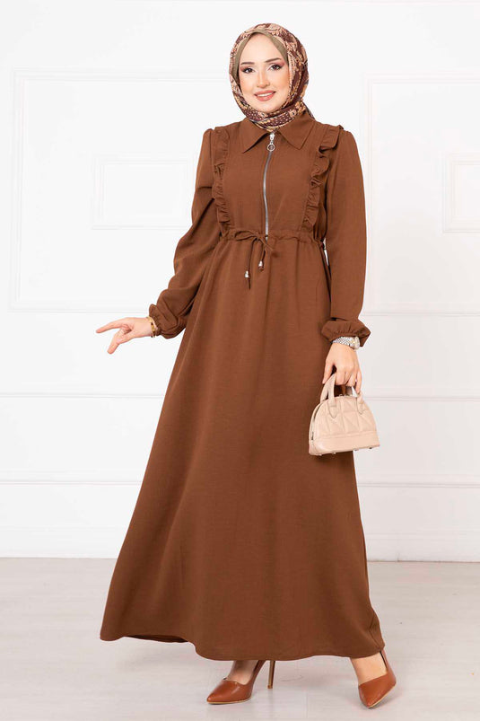 Half Zipper Ruffle Detailed Modest Dress Brown