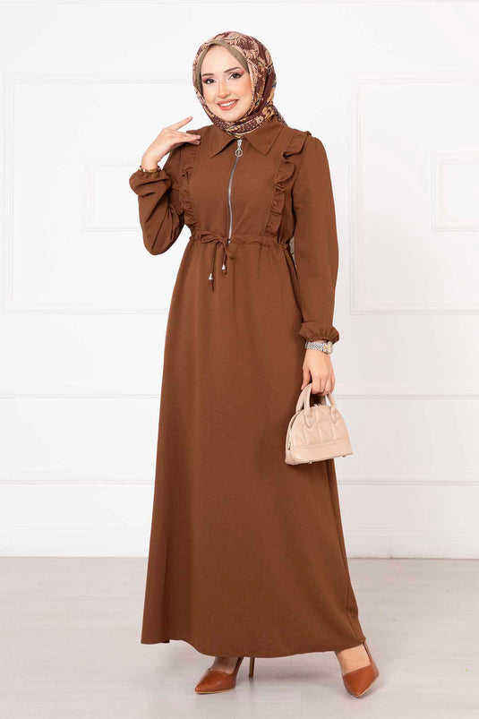 Half Zipper Ruffle Detailed Modest Dress Brown