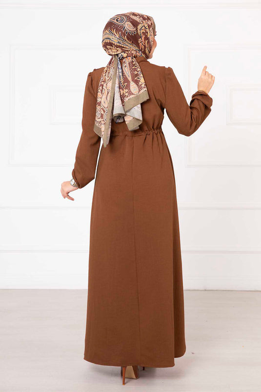 Half Zipper Ruffle Detailed Modest Dress Brown