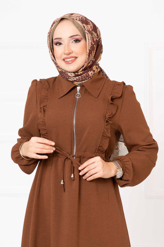 Half Zipper Ruffle Detailed Modest Dress Brown