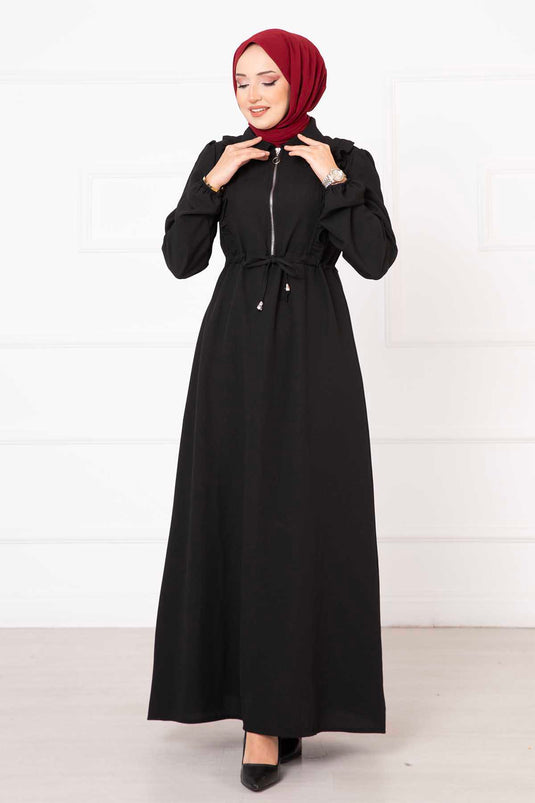 Hijab Kleid mit halbem Reißverschluss und Rüschendetail in Schwarz