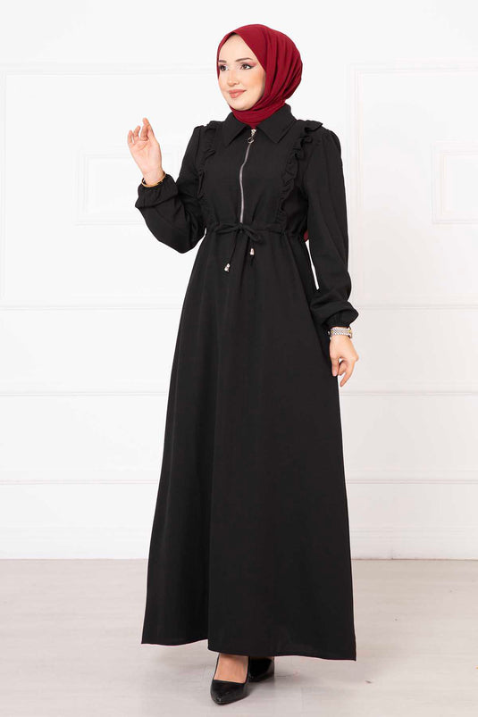 Hijab Kleid mit halbem Reißverschluss und Rüschendetail in Schwarz