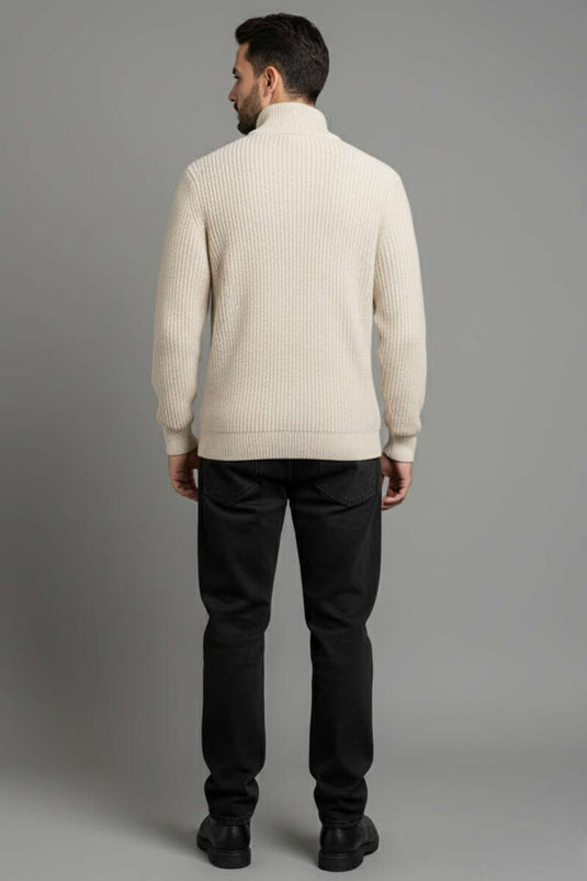 كنزة بياقة عالية وسحاب نصفي، لون حجري