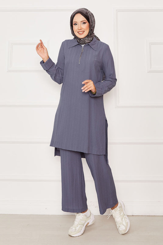 Half Zipper Detailed Two Piece Suit Gray