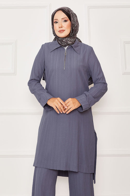 Half Zipper Detailed Two Piece Suit Gray