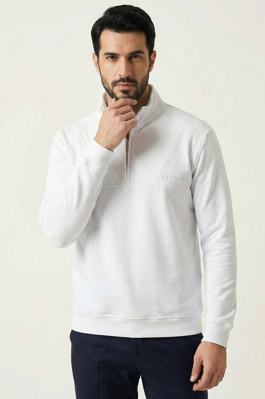 Half Zipper Stand Collar Men's Sweatshirt White