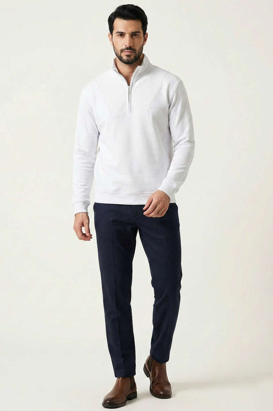 Half Zipper Stand Collar Men's Sweatshirt White