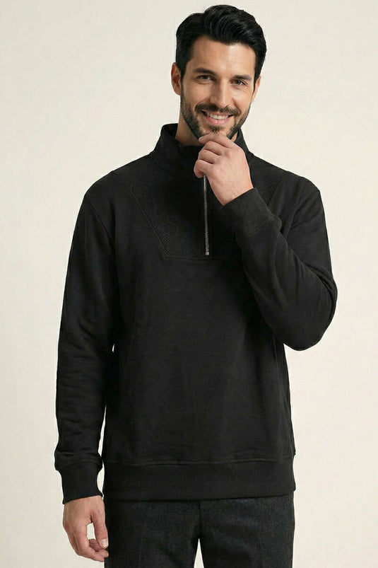 Half Zipper Stand Collar Men's Sweatshirt Black