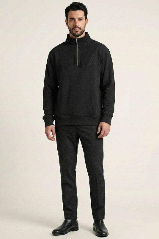 Half Zipper Stand Collar Men's Sweatshirt Black