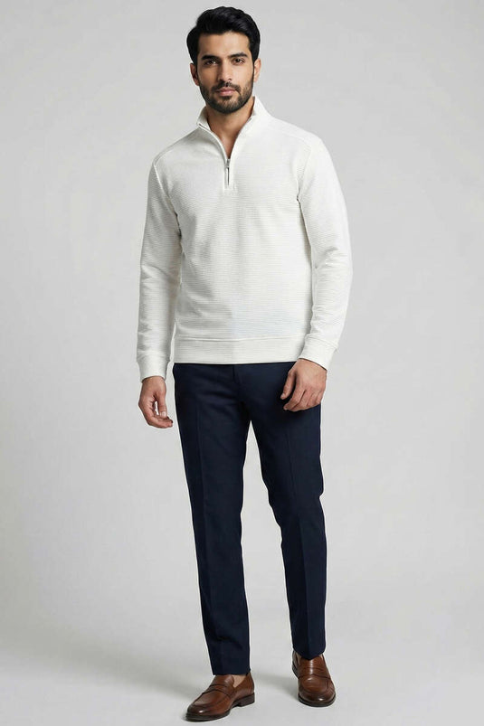 Sweat-shirt pour homme à demi-fermeture éclair en tissu côtelé blanc
