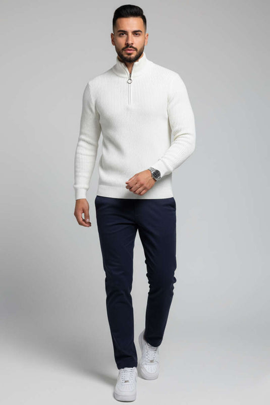 Pull homme à demi-zip en maille piquée, écru