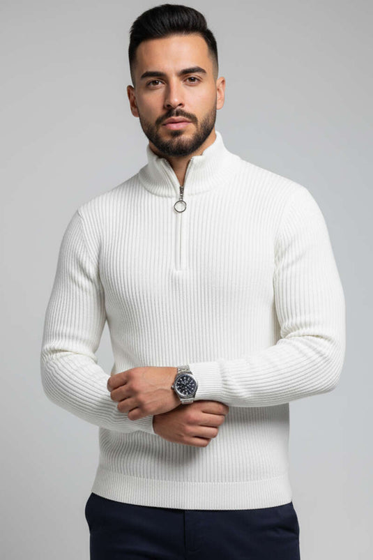 Pull homme à demi-zip en maille piquée, écru